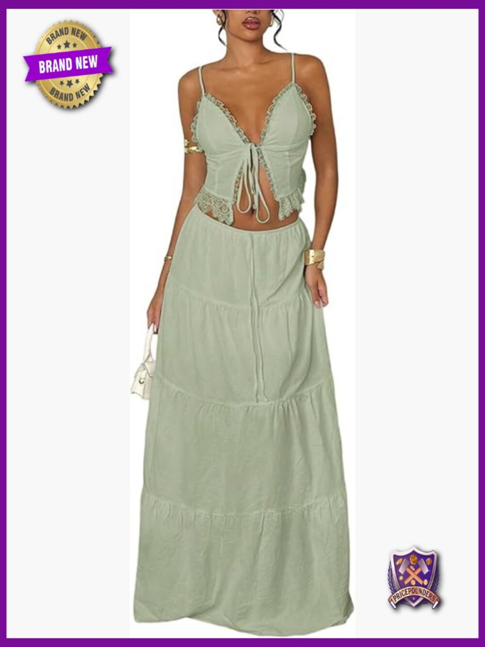 2 Piece Maxi Skirt Set Lace Trim Camisole Top Tiered